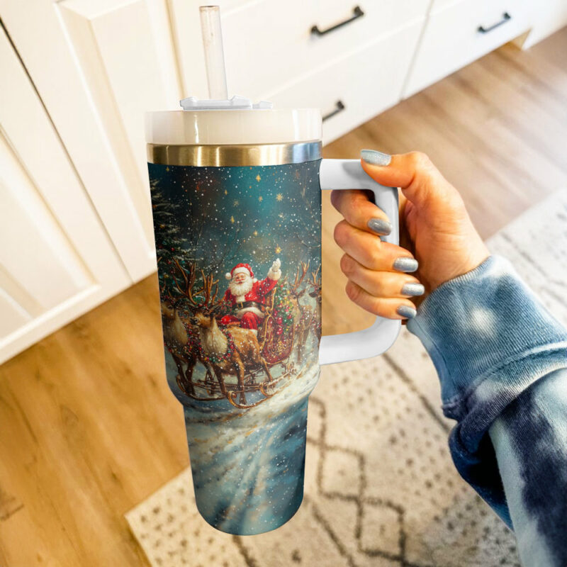 Mery Christmas Santa‚Äôs Sleigh Ride Custom Stanley Quencher 40oz Stainless Steel Tumbler With Handle - Threewoofs - Image 2