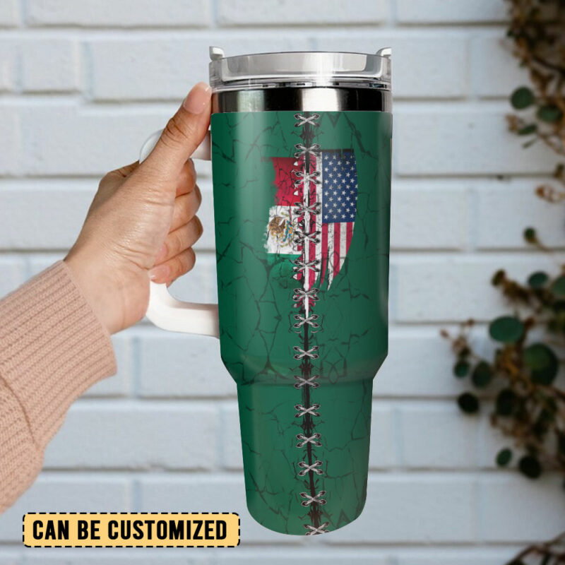 Mexican American Flag Custom Stanley Quencher 40oz Stainless Steel Tumbler With Handle - Threewoofs - Image 3