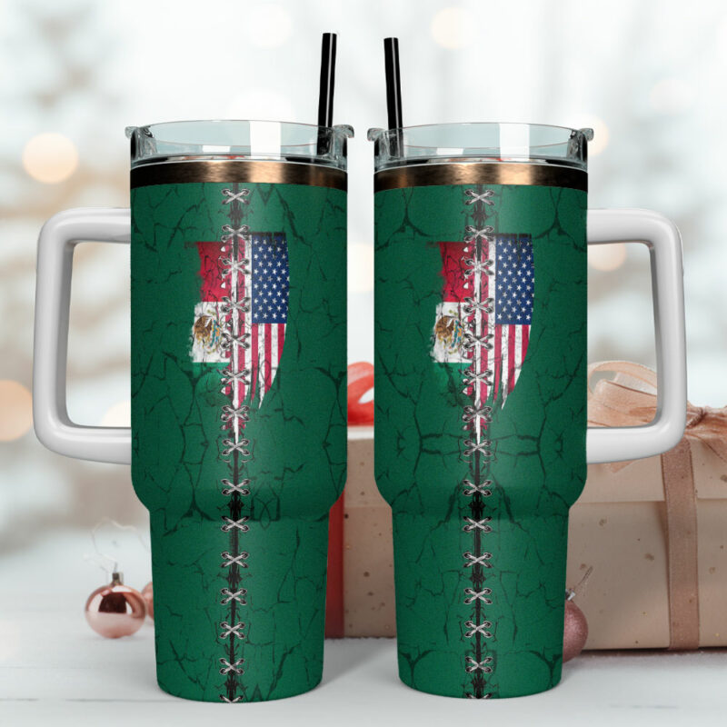 Mexican American Flag Custom Stanley Quencher 40oz Stainless Steel Tumbler With Handle - Threewoofs - Image 4