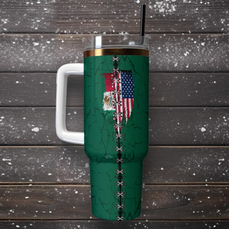 Mexican American Flag Custom Stanley Quencher 40oz Stainless Steel Tumbler With Handle - Threewoofs - Image 2