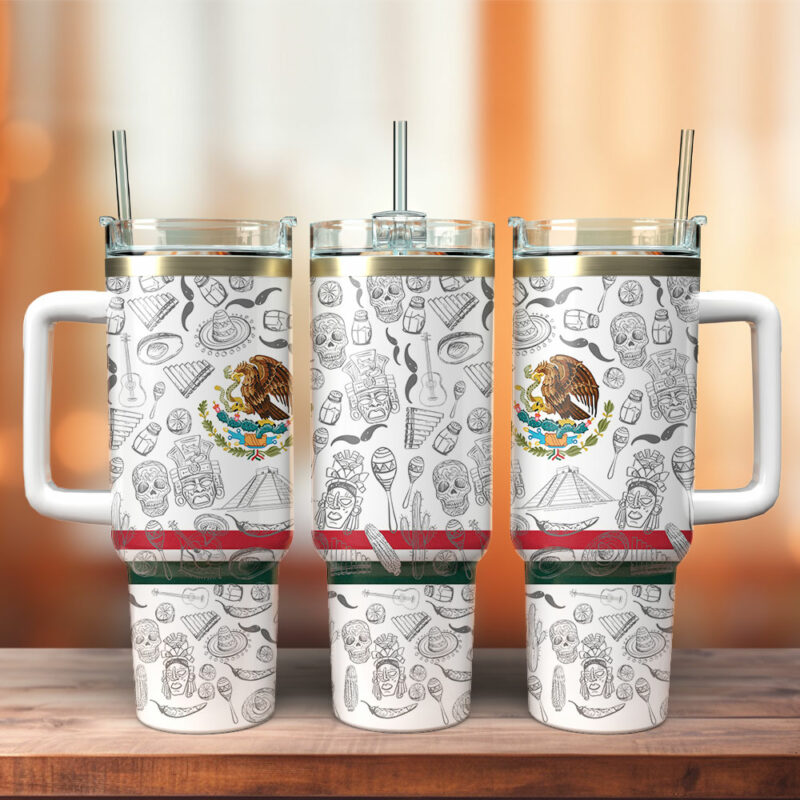 Mexico Flag Custom Stanley Quencher 40oz Stainless Steel Tumbler With Handle - Threewoofs