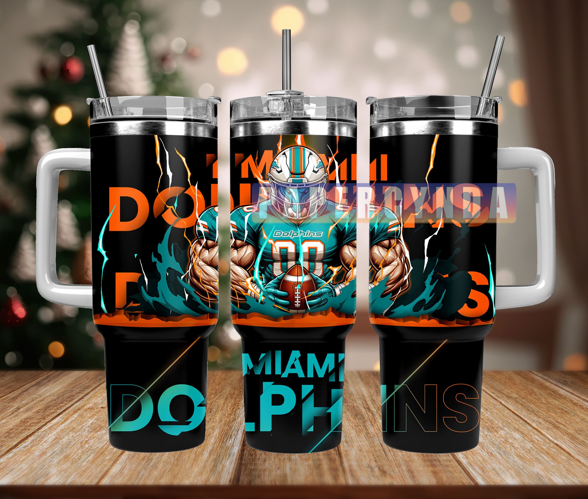 Miami Dolphins Football Tumbler - Insulated Travel Mug with Handle & Straw