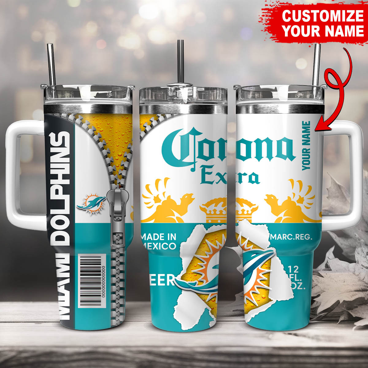 Customizable Miami Dolphins Corona Extra Tumbler Mug - Personalize Your Drinkware!