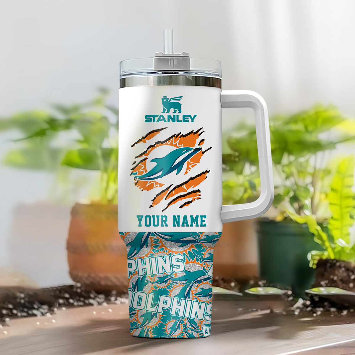 Personalized Miami Dolphins Tumbler with Handle - Custom Name Gift - Image 2