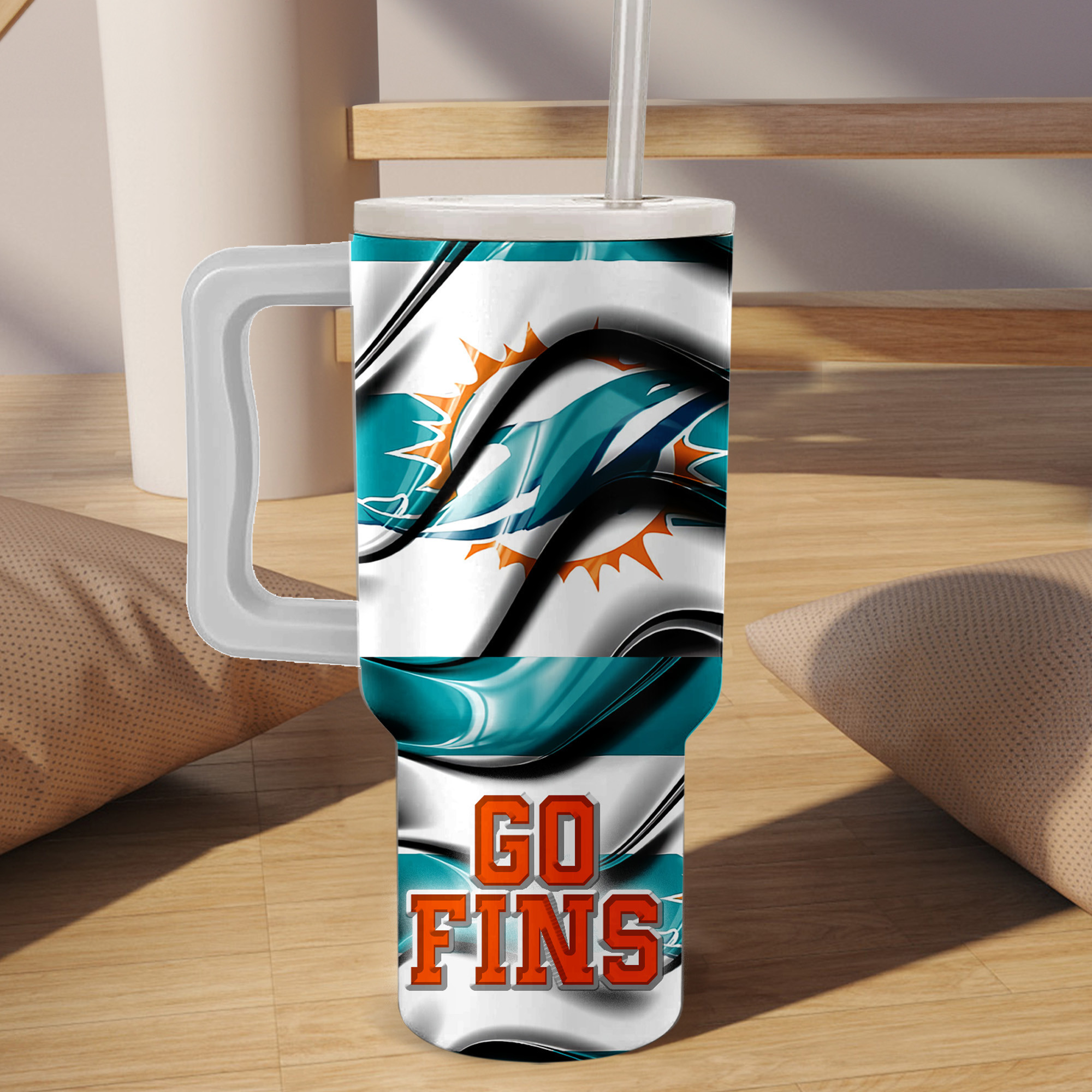 Miami Dolphins Stainless Steel Tumbler with Handle & Straw - Go Fins Design - Image 3