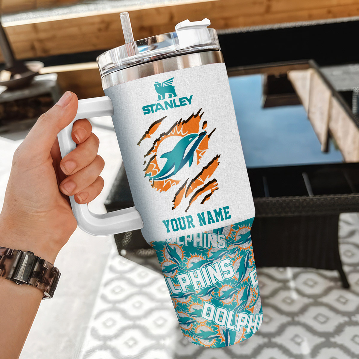 Personalized Miami Dolphins Tumbler with Handle - Custom Name Gift - Image 3