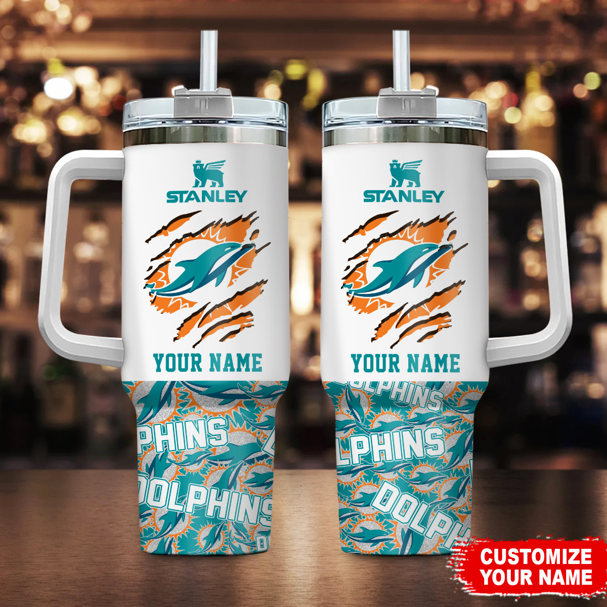 Personalized Miami Dolphins Tumbler with Handle - Custom Name Gift