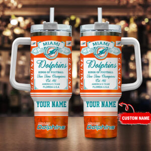 Custom Miami Dolphins Tumbler with Handle - Personalized Fan Mug