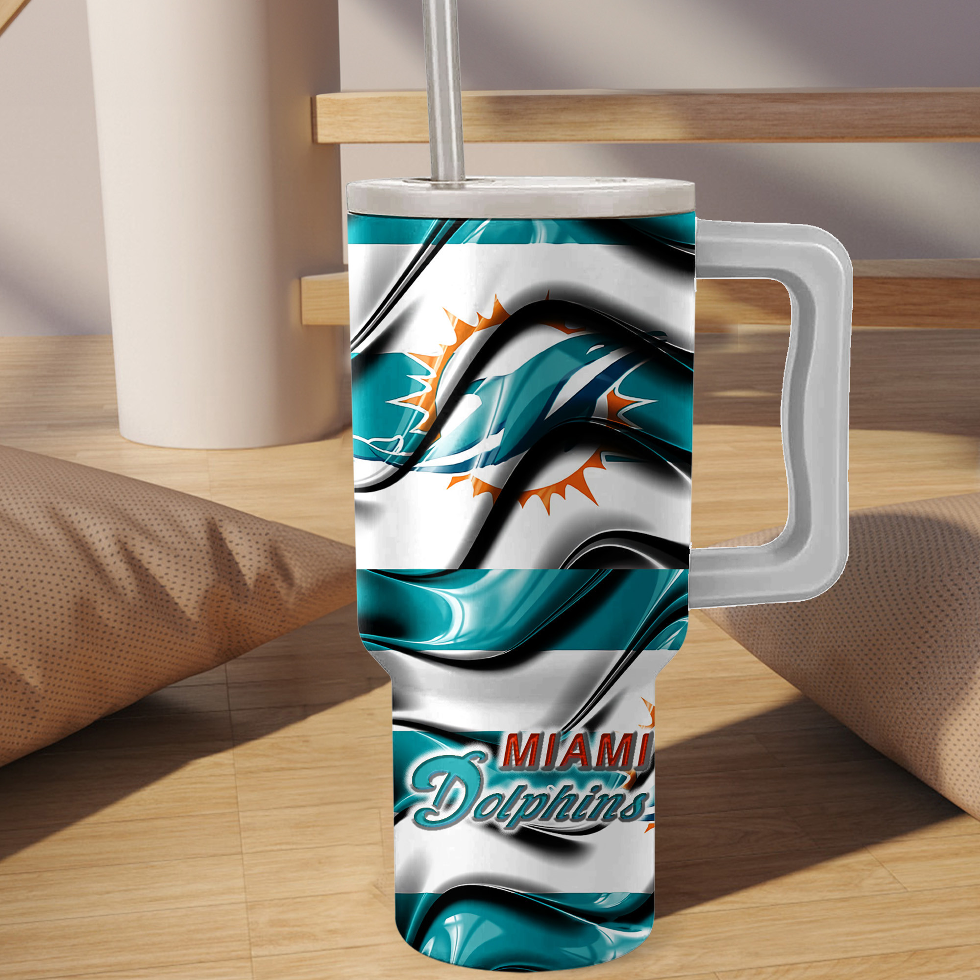 Miami Dolphins Stainless Steel Tumbler with Handle & Straw - Go Fins Design - Image 2