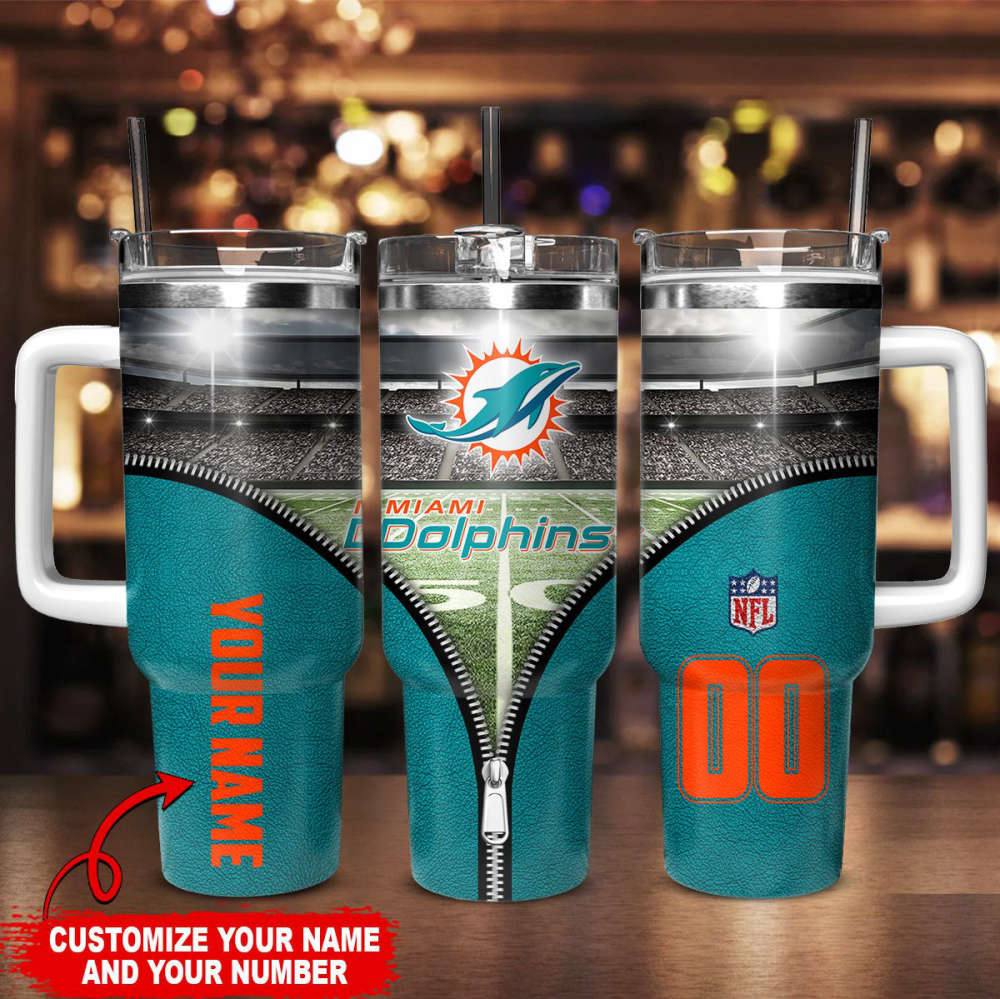 Custom Miami Football Tumbler with Handle - Personalized Name & Number - Image 2
