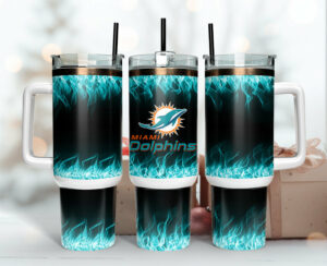 Miami Dolphins Flame Design Tumbler - Insulated Travel Mug with Straw