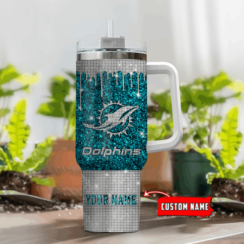 Miami Dolphins NFL Glitter Custom Stanley Quencher 40oz Stainless Steel Tumbler With Handle - Threewoofs - Image 2