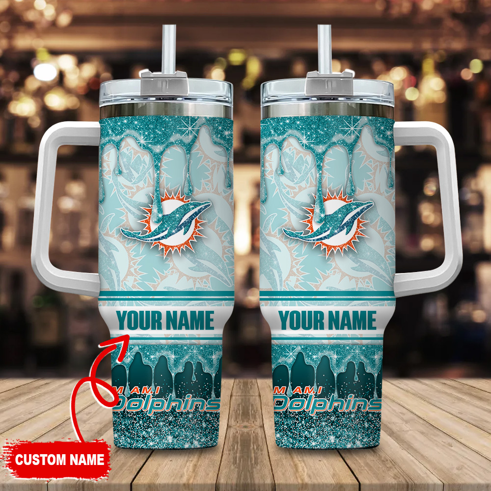 Custom Miami Dolphins Tumbler with Handle & Straw - Personalized Name
