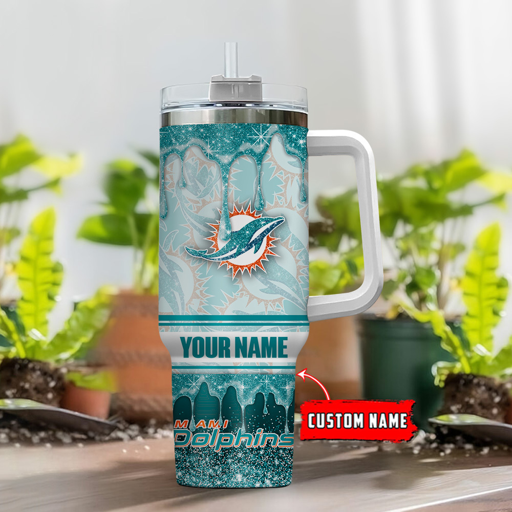 Custom Miami Dolphins Tumbler with Handle & Straw - Personalized Name - Image 2