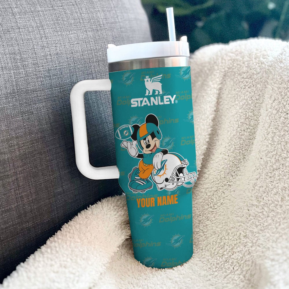 Custom Mickey Football Tumbler - Miami Dolphins Fan Gift with Handle - Image 2