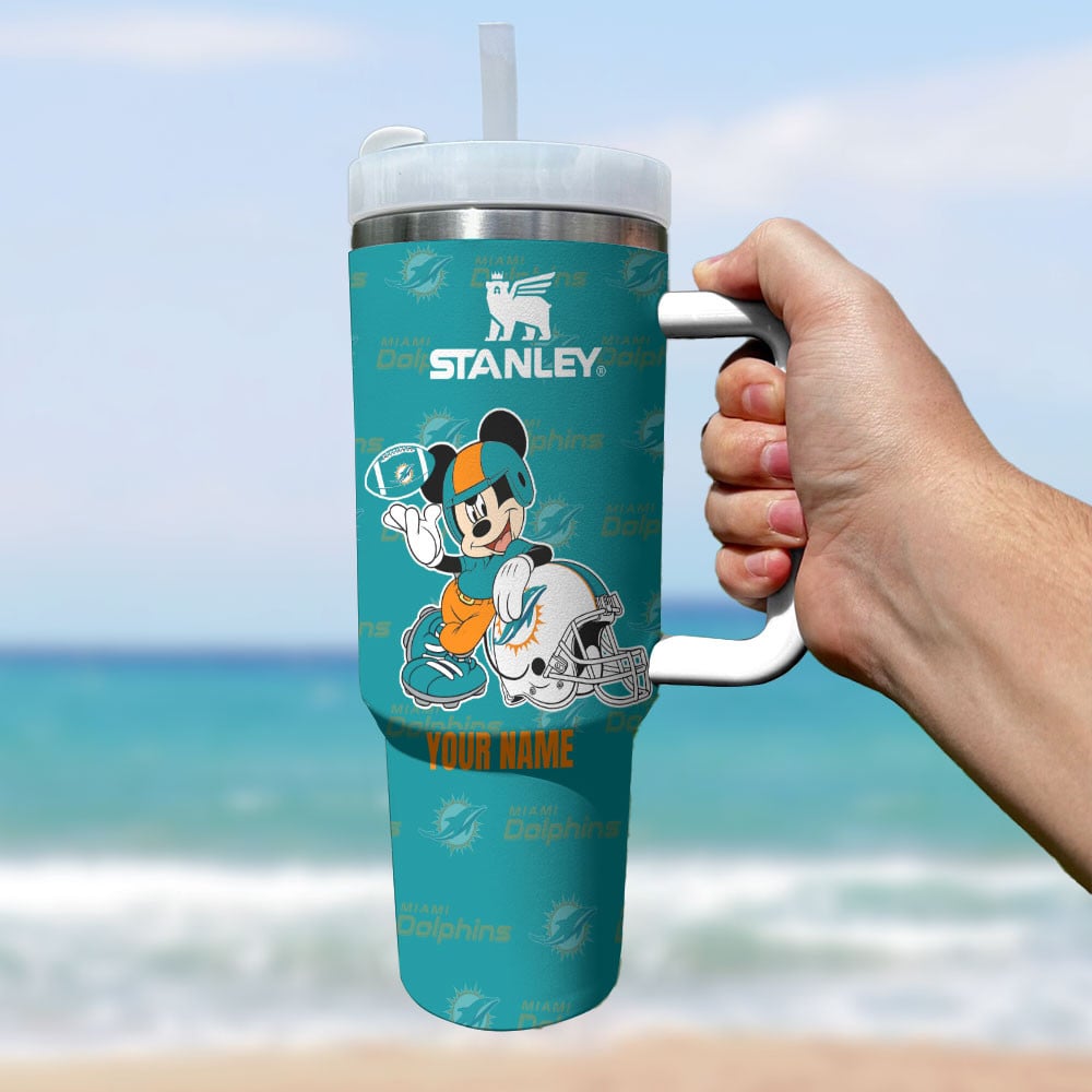 Custom Mickey Football Tumbler - Miami Dolphins Fan Gift with Handle - Image 3