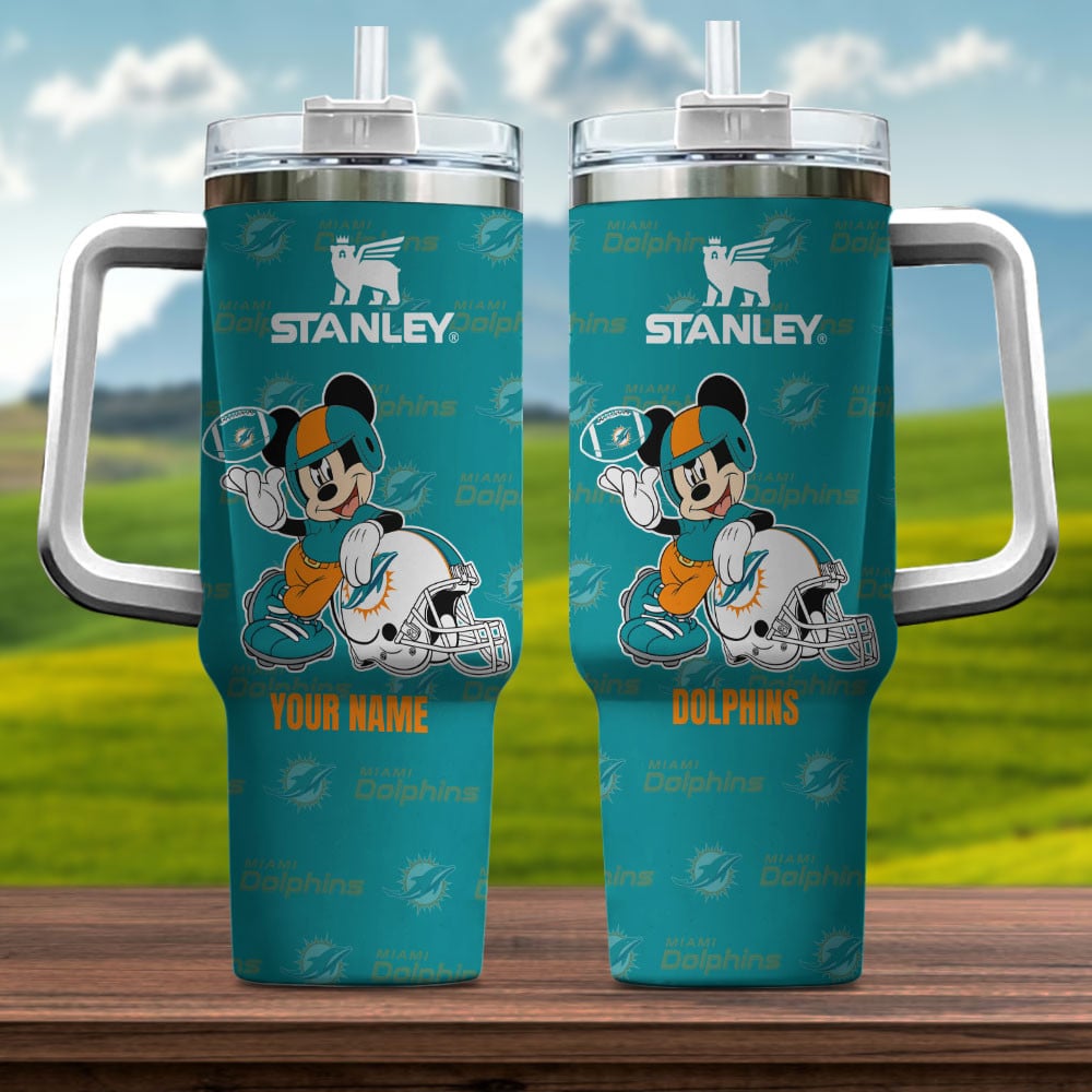 Custom Mickey Football Tumbler - Miami Dolphins Fan Gift with Handle