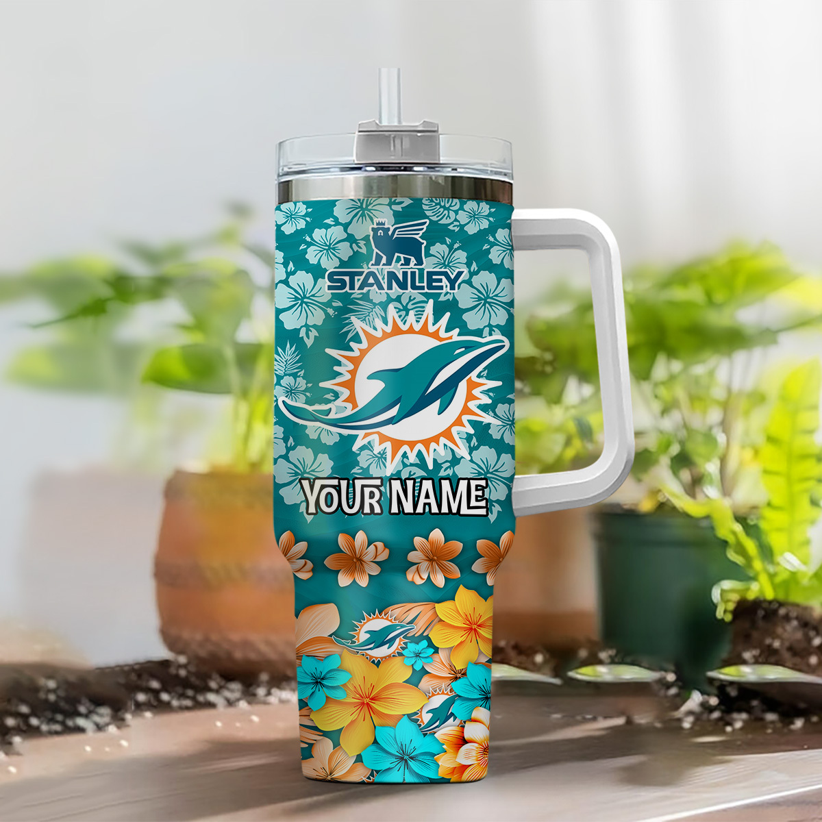 Customizable Floral Sports Team Tumbler with Handle & Straw - Image 2