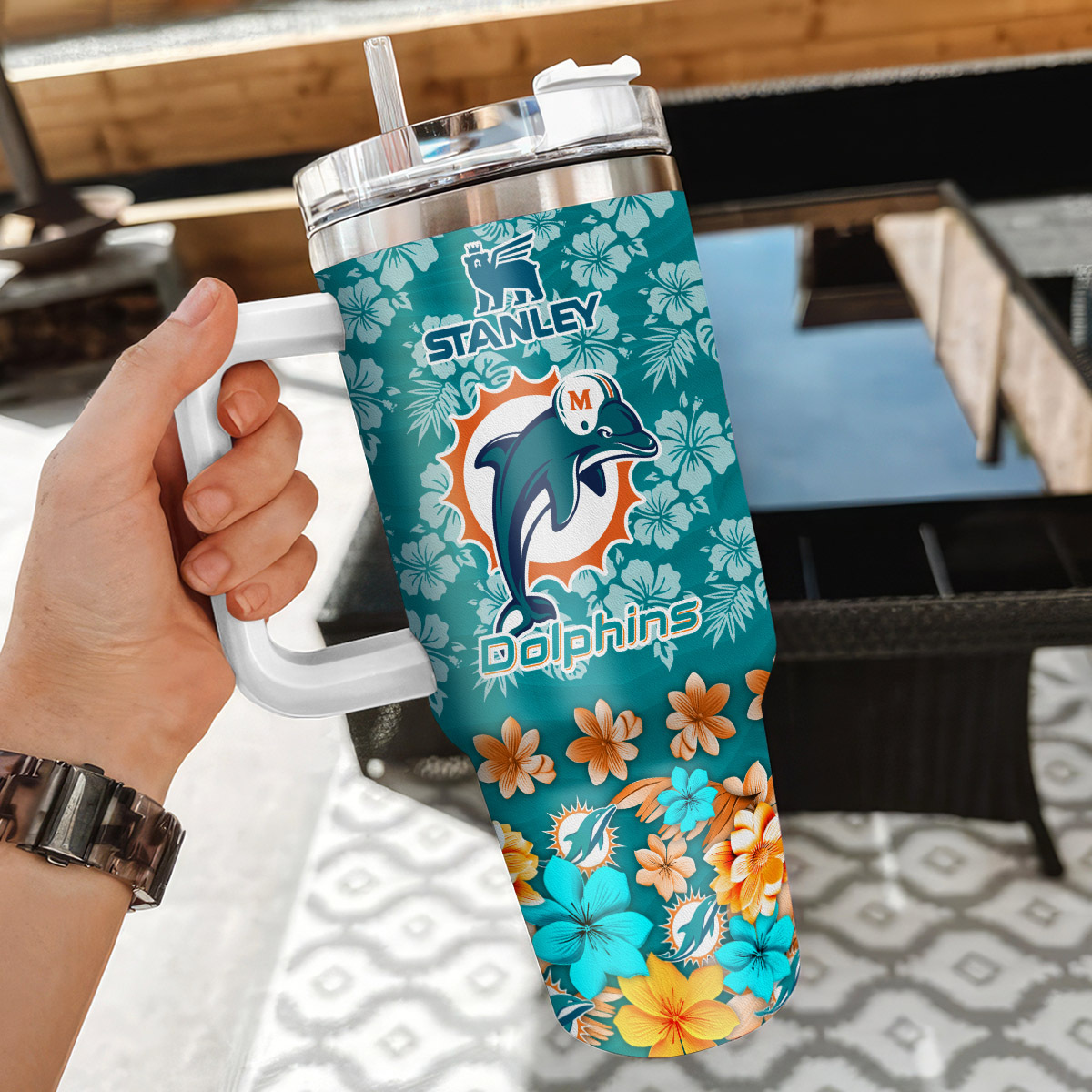 Customizable Floral Sports Team Tumbler with Handle & Straw - Image 3