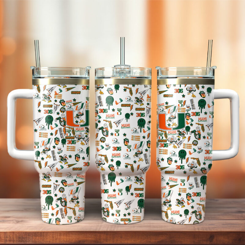 Miami Hurricanes NCAA Sports Custom Stanley Quencher 40oz Stainless Steel Tumbler With Handle - Threewoofs