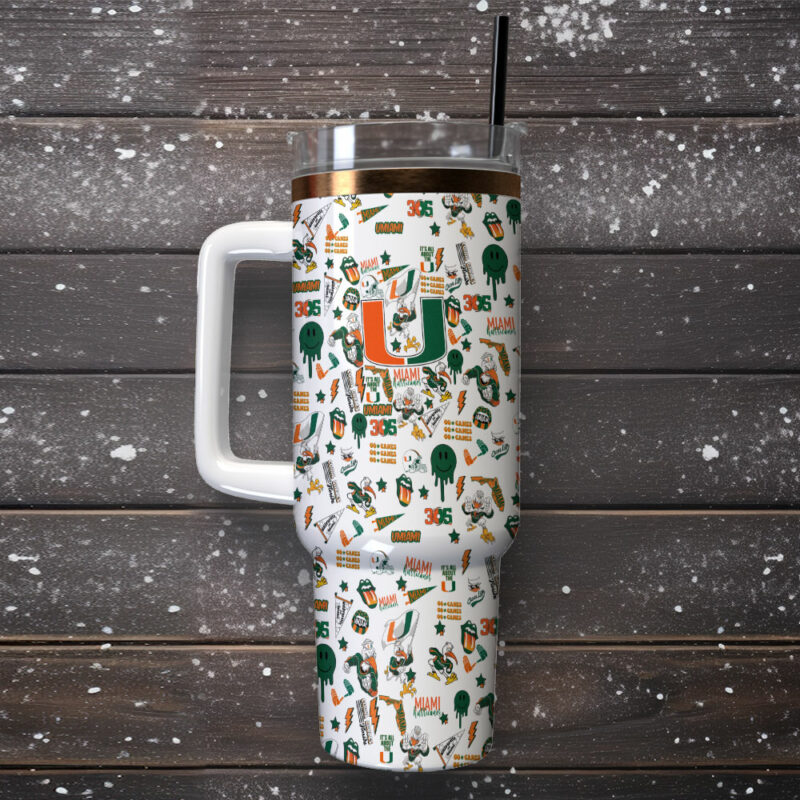 Miami Hurricanes NCAA Sports Custom Stanley Quencher 40oz Stainless Steel Tumbler With Handle - Threewoofs - Image 2
