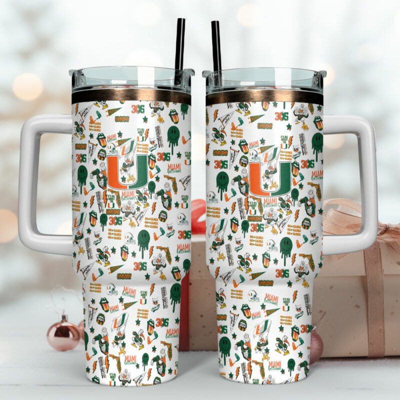 Miami Hurricanes NCAA Sports Custom Stanley Quencher 40oz Stainless Steel Tumbler With Handle - Threewoofs - Image 4