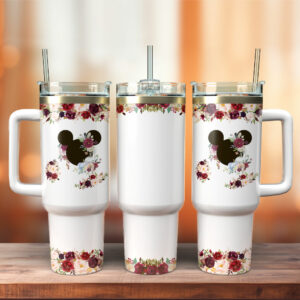 Floral Mickey Mouse Tumbler - Double Wall Insulated with Handle & Straw