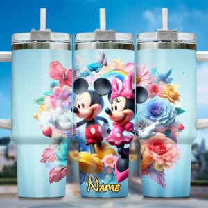 Personalized Mickey & Minnie Floral Tumbler with Straw - Custom Name Gift