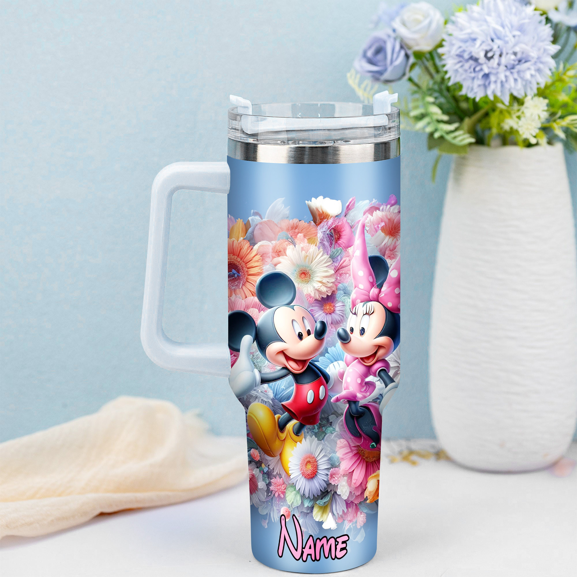 Personalized Floral Disney Tumbler with Straw - Mickey & Minnie Design - Image 3