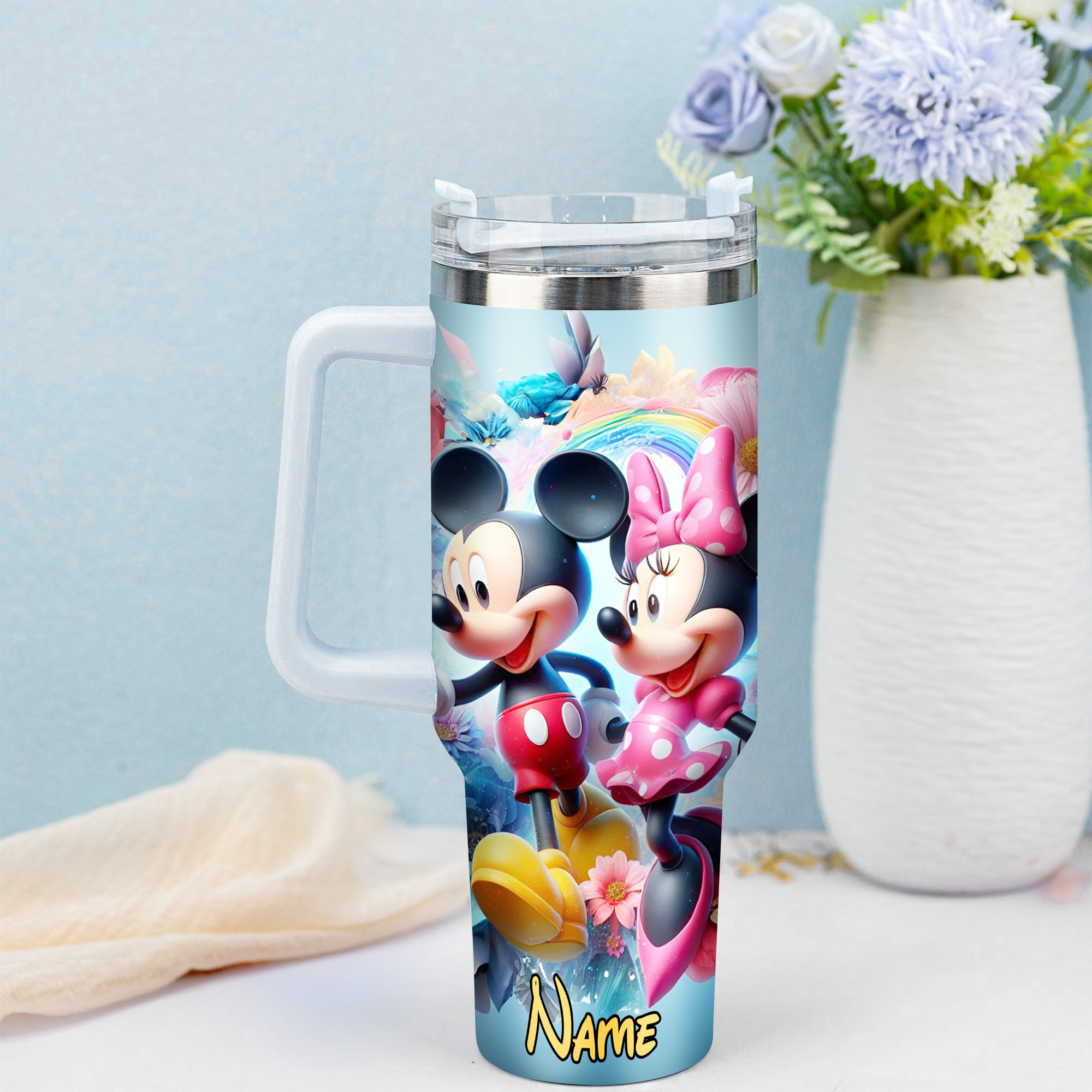 Personalized Mickey & Minnie Floral Tumbler with Straw - Custom Name Gift - Image 4