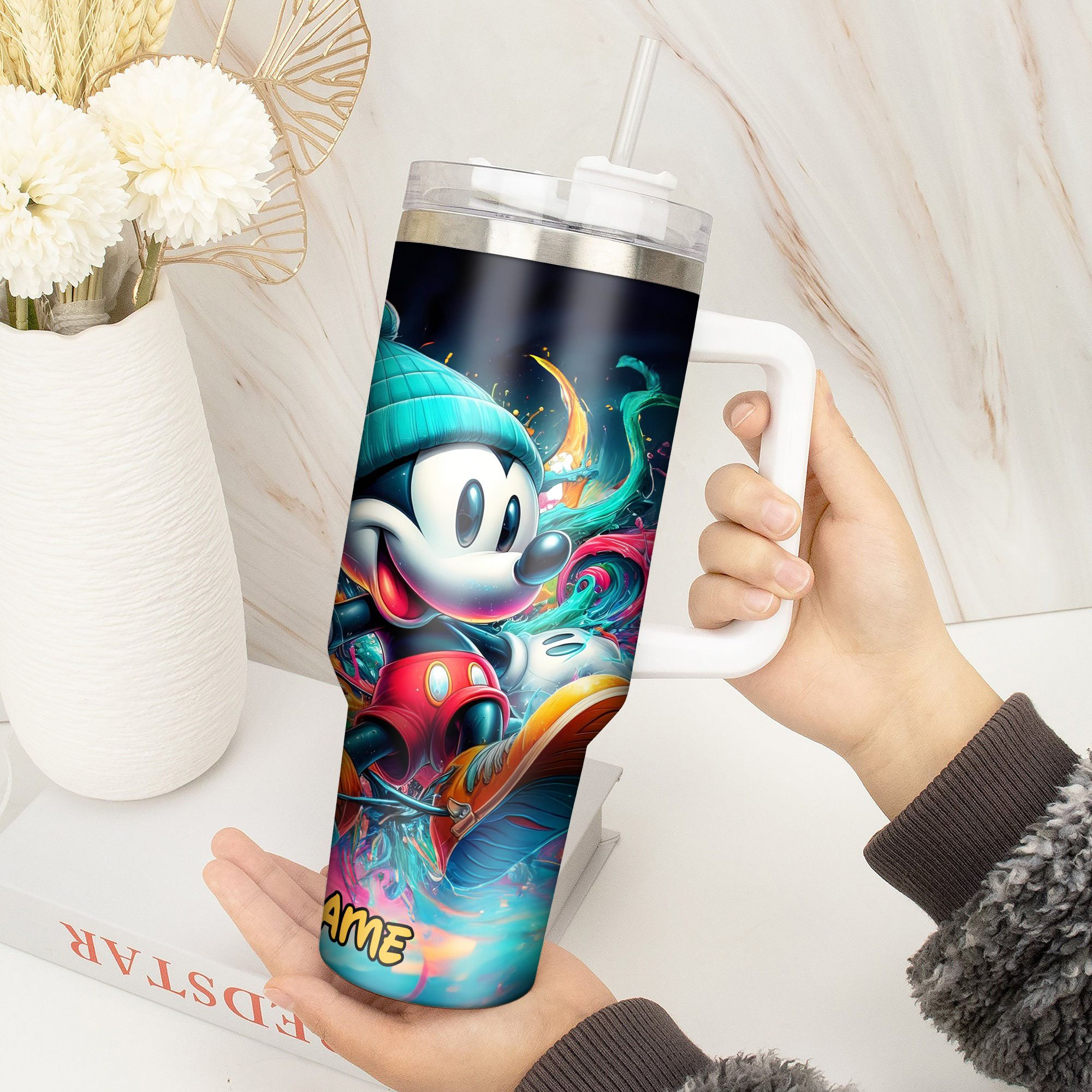 Personalized Cartoon Character Tumbler with Straw - Vibrant Color Splash Design - Image 4