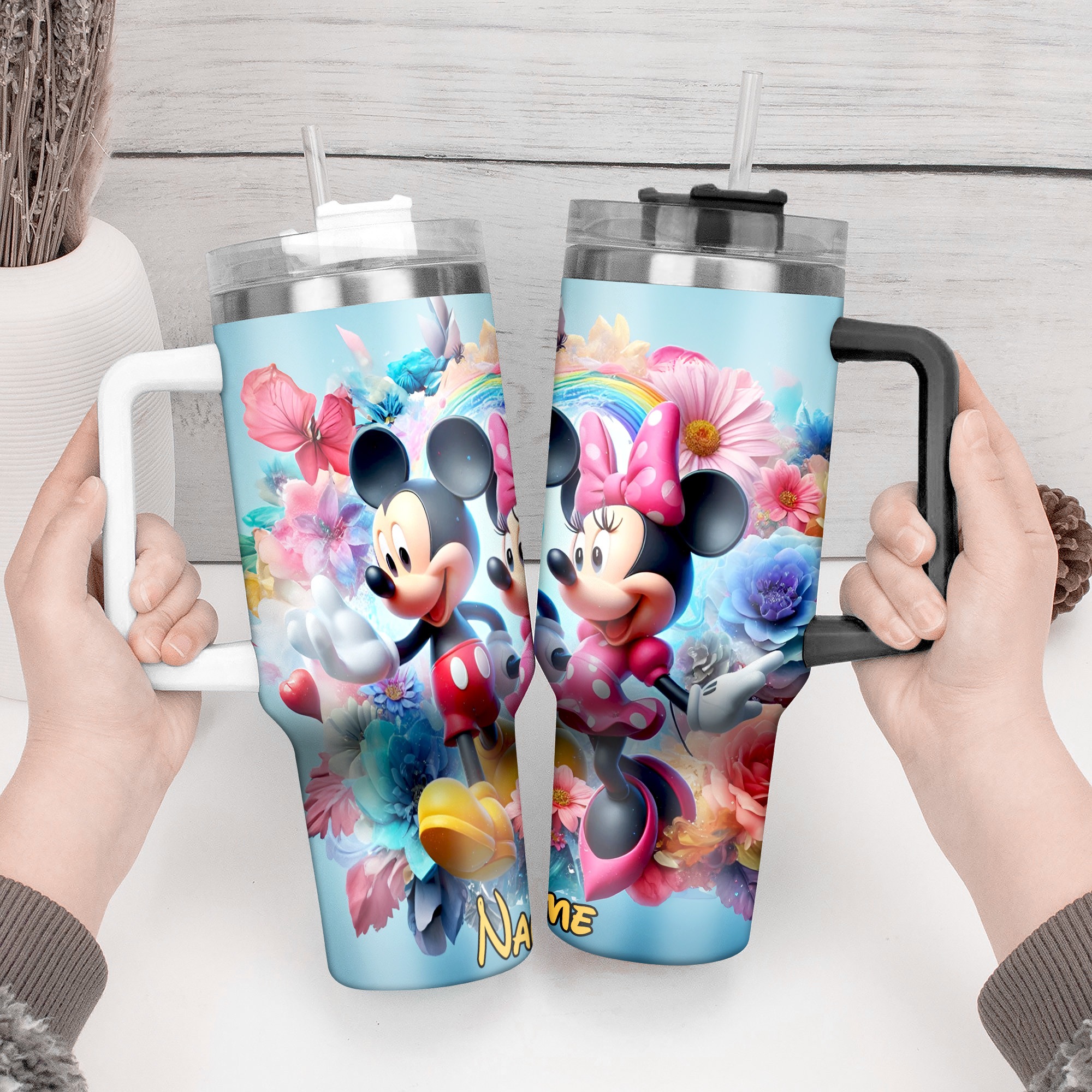 Personalized Mickey & Minnie Floral Tumbler with Straw - Custom Name Gift - Image 3