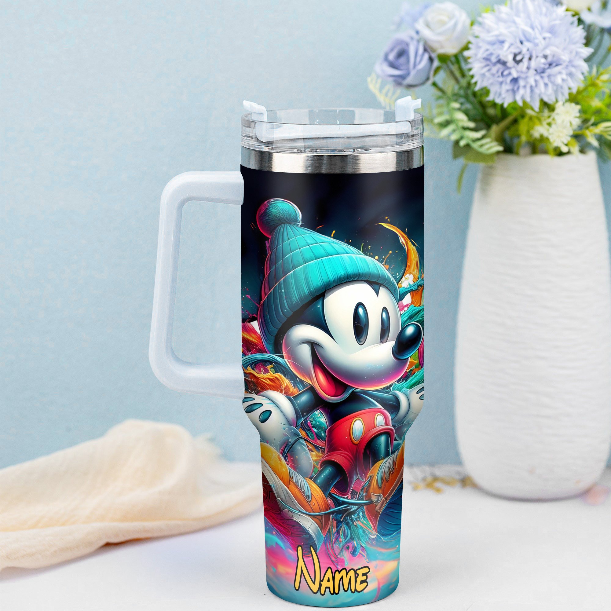 Personalized Cartoon Character Tumbler with Straw - Vibrant Color Splash Design - Image 2