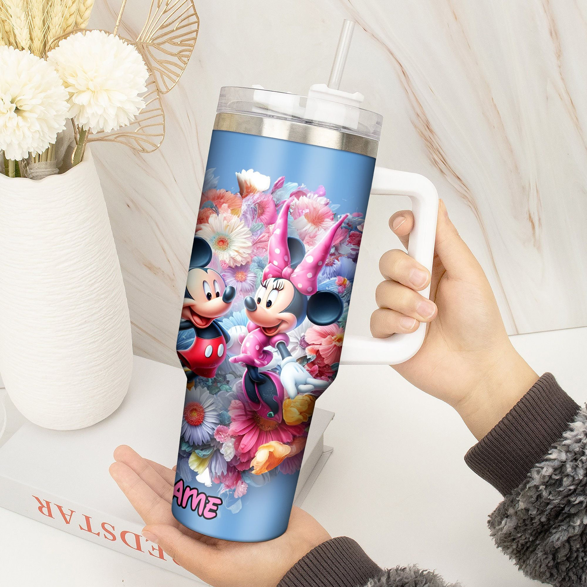 Personalized Floral Disney Tumbler with Straw - Mickey & Minnie Design - Image 4