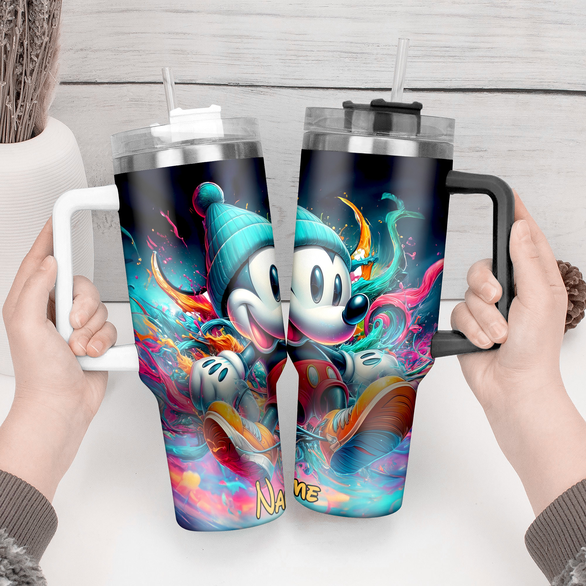 Personalized Cartoon Character Tumbler with Straw - Vibrant Color Splash Design - Image 3