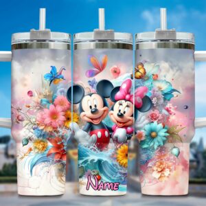 Custom Floral Disney Tumbler - Personalized Mickey & Minnie Design