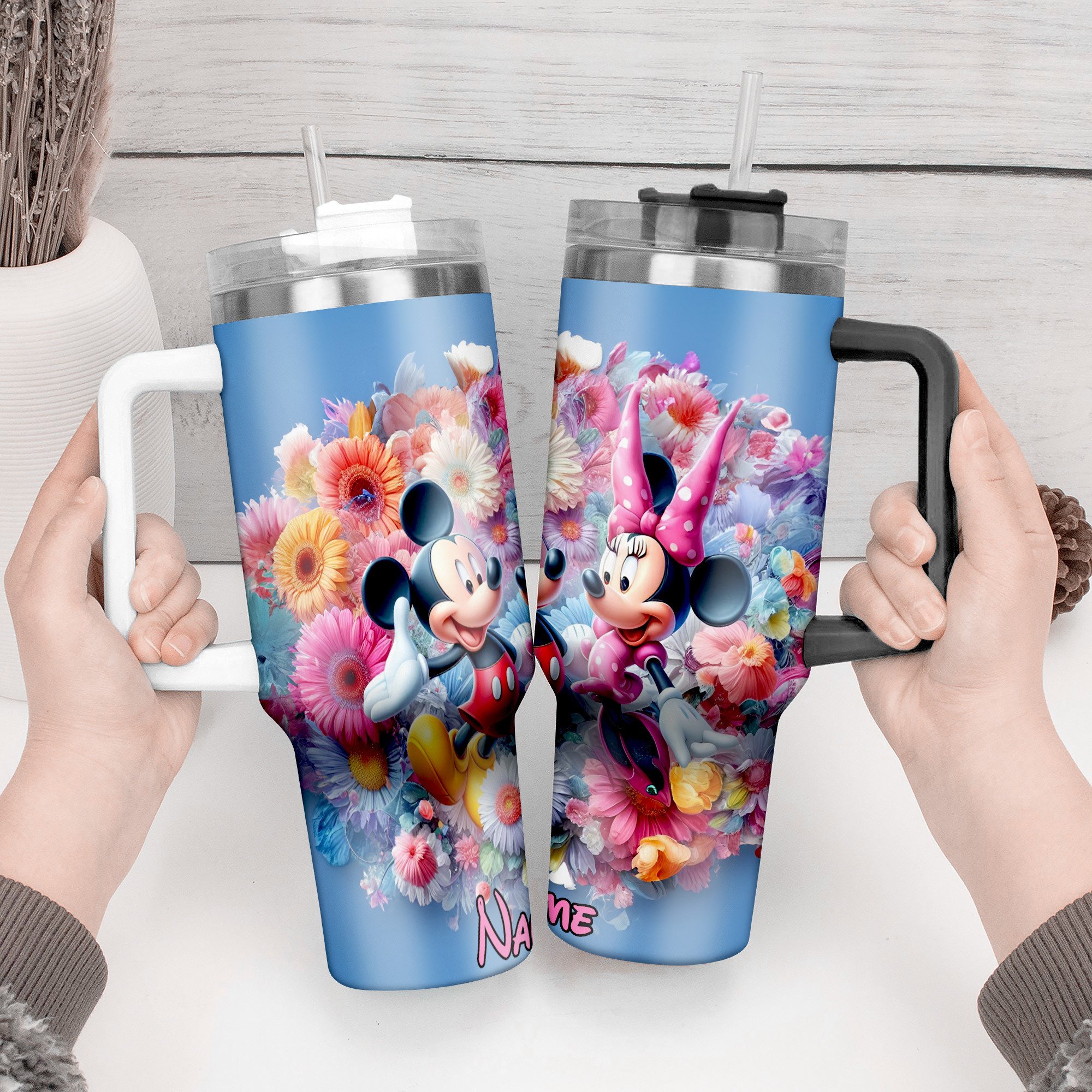 Personalized Floral Disney Tumbler with Straw - Mickey & Minnie Design - Image 2