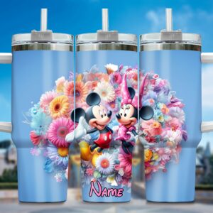 Personalized Floral Disney Tumbler with Straw - Mickey & Minnie Design