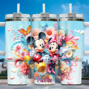 Personalized Mickey & Minnie Floral Tumbler with Straw - 40oz Custom Name Gift