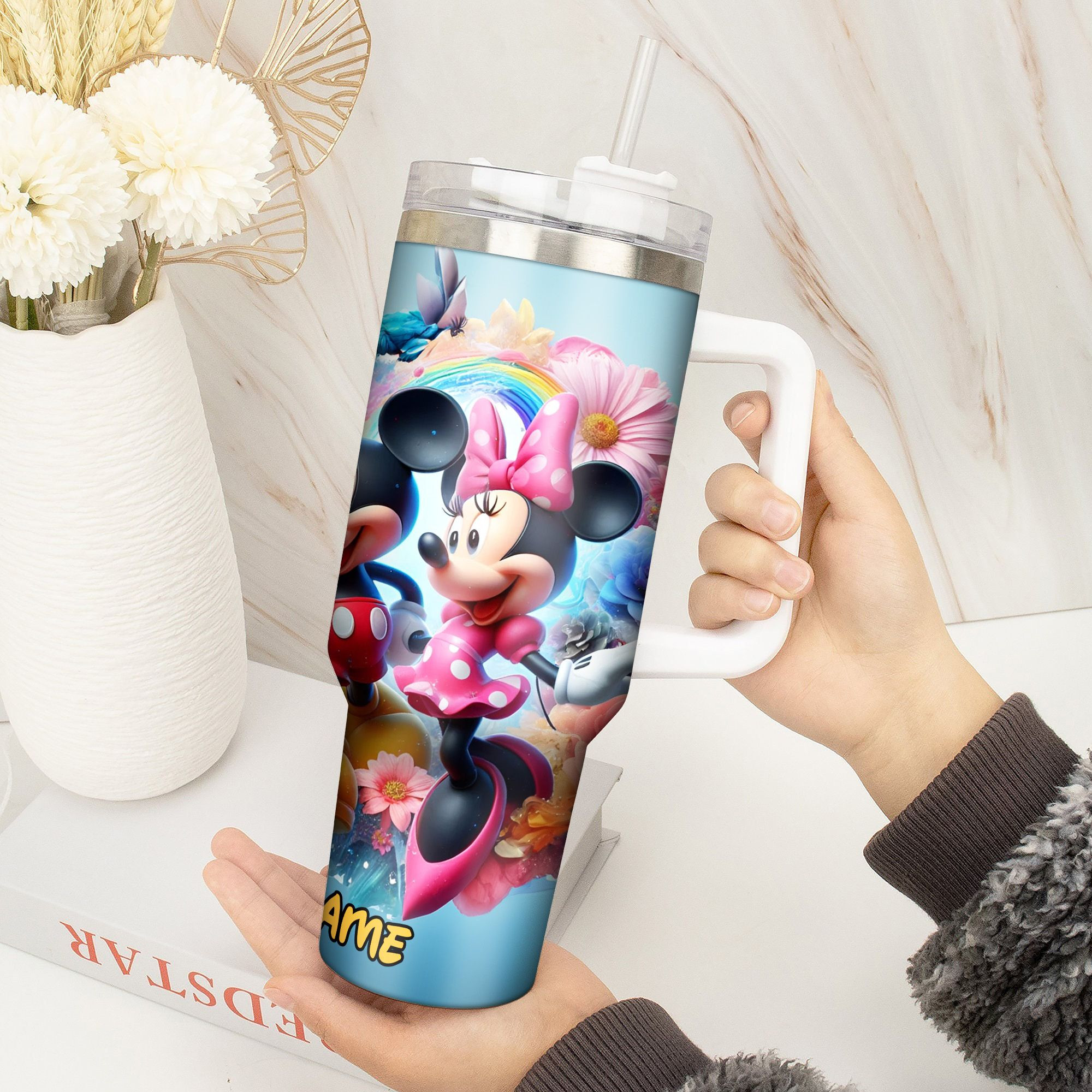 Personalized Mickey & Minnie Floral Tumbler with Straw - Custom Name Gift - Image 2