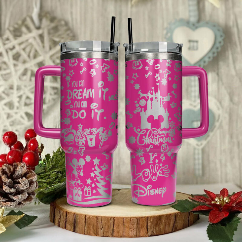 Mickey and Minnie Mouse Cartoon Christmas Custom Stanley Quencher 40oz Stainless Steel Tumbler With Handle - Threewoofs