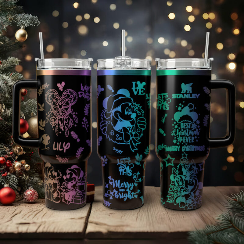 Mickey and Minnie Mouse Cartoon Christmas Custom Stanley Quencher 40oz Stainless Steel Tumbler With Handle - Threewoofs