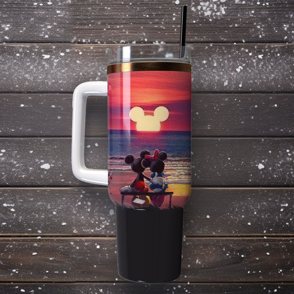 Magical Sunset Tumbler with Handle - Mickey & Minnie Beach Scene - Image 4