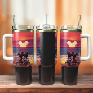 Magical Sunset Tumbler with Handle - Mickey & Minnie Beach Scene