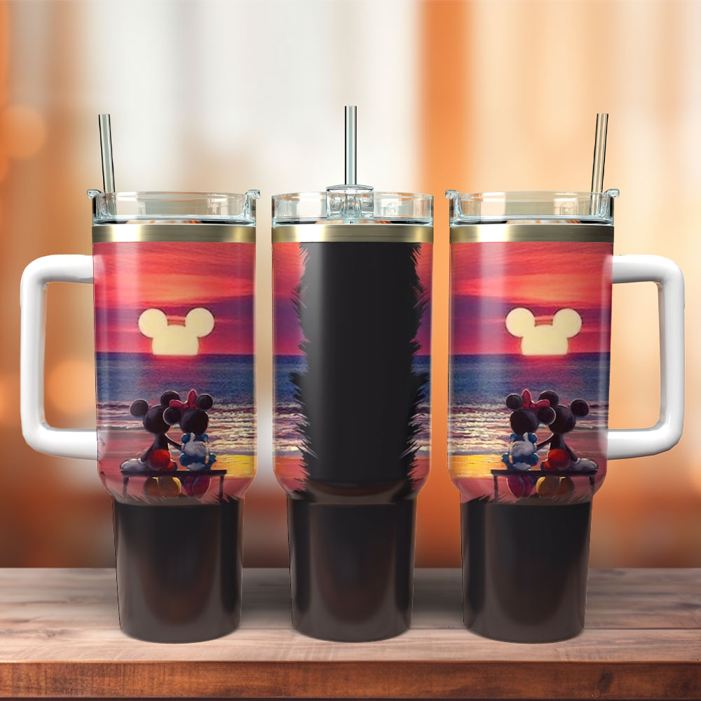 Magical Sunset Tumbler with Handle - Mickey & Minnie Beach Scene