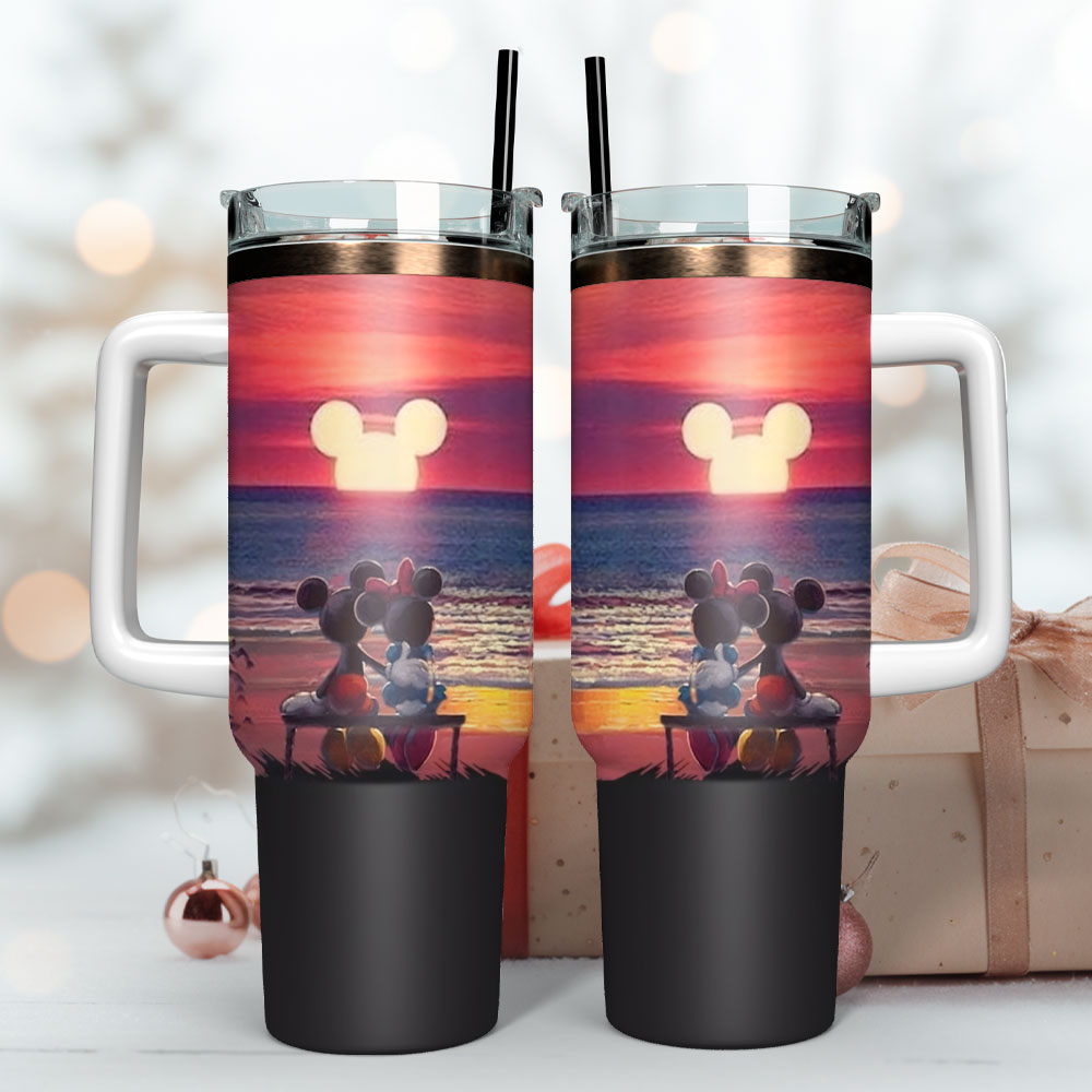 Magical Sunset Tumbler with Handle - Mickey & Minnie Beach Scene - Image 3