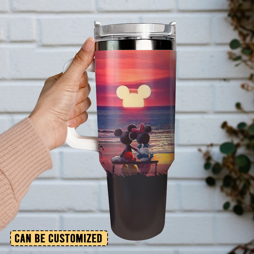 Magical Sunset Tumbler with Handle - Mickey & Minnie Beach Scene - Image 2
