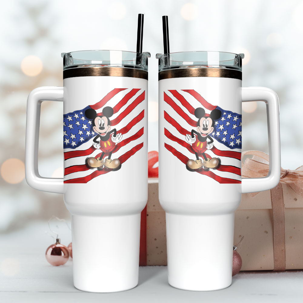 Patriotic Mouse Tumbler with Handle & Straw - 40oz Insulated Travel Mug - Image 3