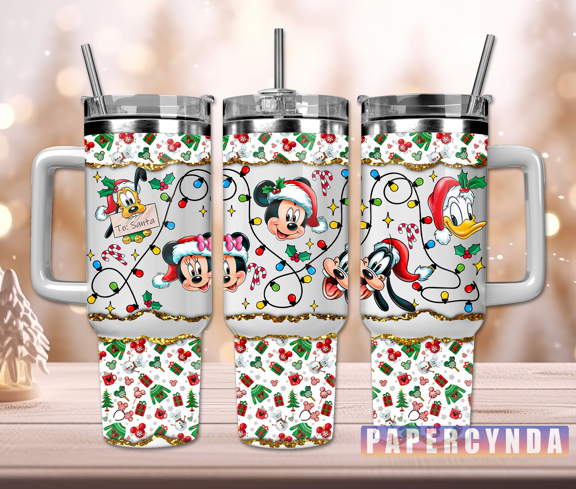 Festive Disney Character Holiday Tumbler with Handle & Straw
