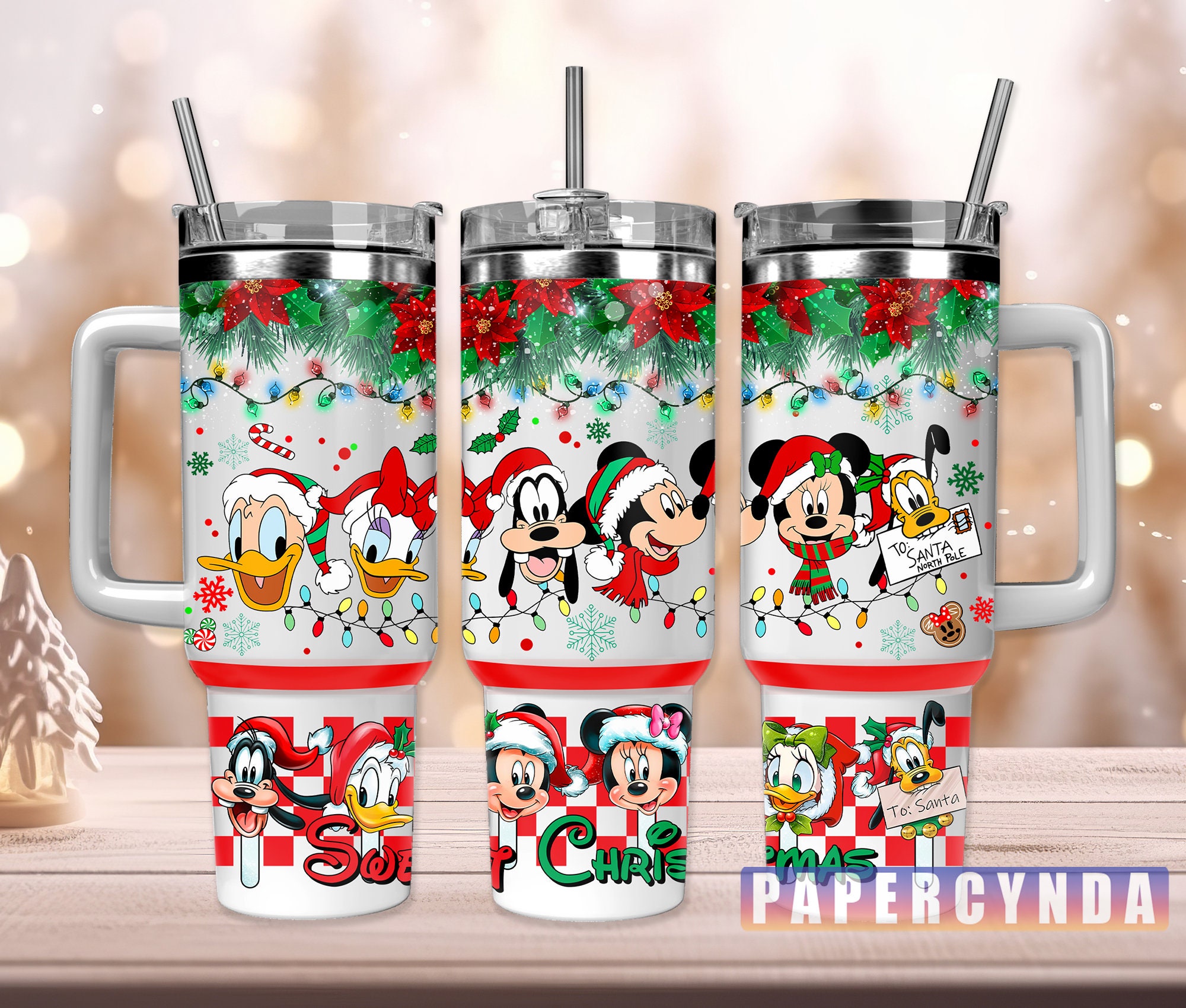 Festive Holiday Character Tumbler - Insulated Mug with Straw & Handle